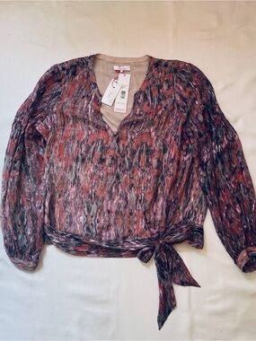 Parker L Abstract Print Pink Purple V-Neck Button Long Sleeve Tie Waist Blouse
